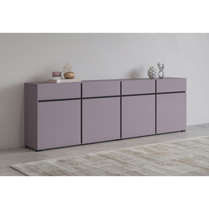 Buffet HAVANA 225 cm – Lilla pastello e nero – 4 porte, 4 cassetti – Design moderno
