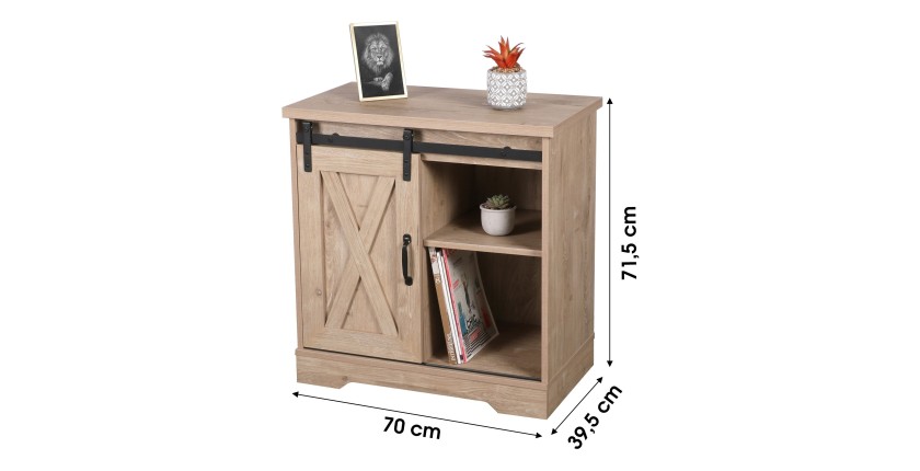 Commode style rustique 1 porte coulissante et 1 étagère coloris chêne clair dimensions 70x40x72cm