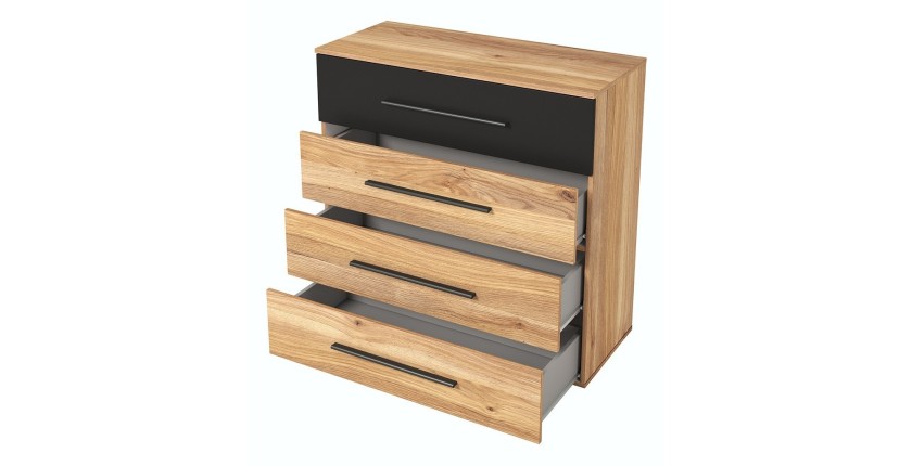 Commode design 4 grands tiroirs. Collection EOS coloris chêne clair et noir
