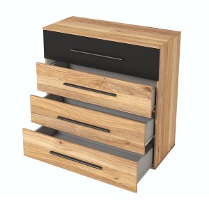 Commode design 4 grands tiroirs. Collection EOS coloris chêne clair et noir