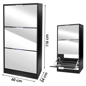 Meuble à chaussures style design coloris noir façade miroir, dimensions 60x24x116cm