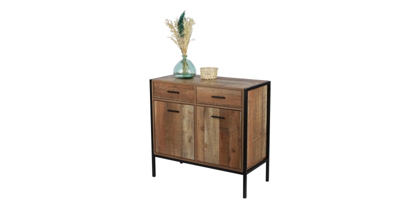 Commode style rustique – 2 portes et 2 tiroirs, coloris chêne foncé – 84x40x79 cm – Collection OAKLANDER