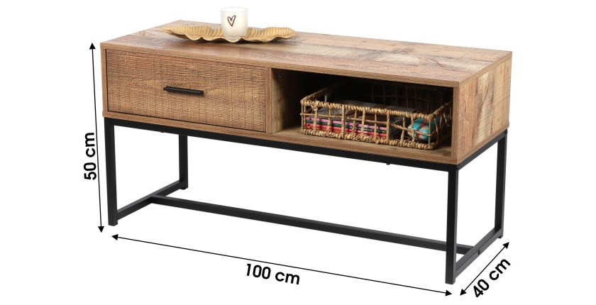 Salontafel in rustieke stijl - 1 lade en een nis, lichte eiken kleur, afmetingen 100x40xH50 cm - Collectie OAKLANDER