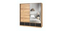 Armoire 200cm avec 2 portes coulissantes avec miroirs et 4 tiroirs couleur chêne et noir. Collection EOS