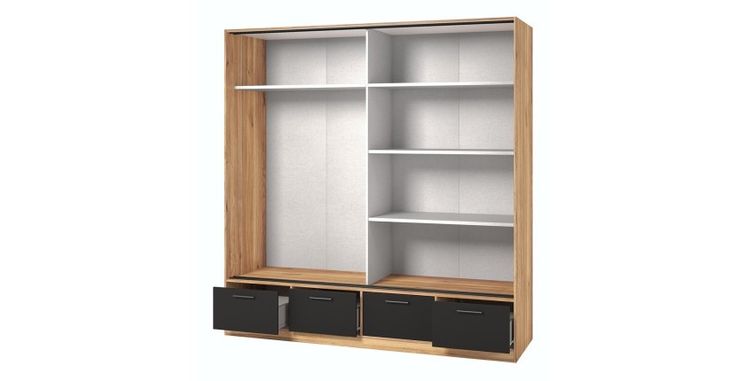 Armoire 200cm avec 2 portes coulissantes avec miroirs et 4 tiroirs couleur chêne et noir. Collection EOS