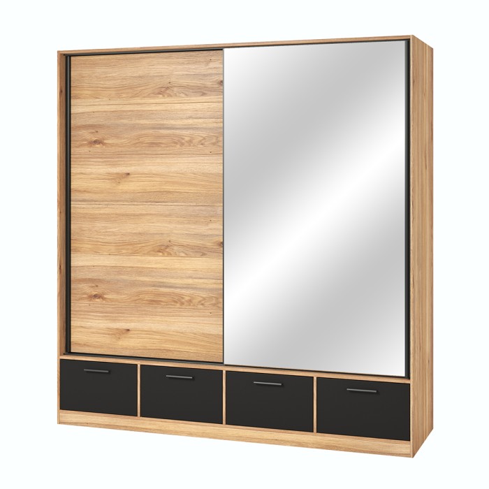 Armadio 200cm con 2 porte scorrevoli con specchi e 4 cassetti colore quercia e nero. Collezione EOS