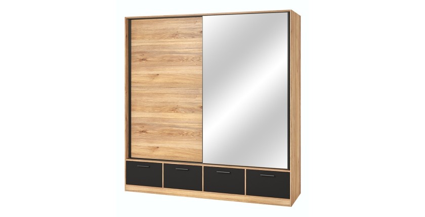 Armoire 200cm avec 2 portes coulissantes avec miroirs et 4 tiroirs couleur chêne et noir. Collection EOS