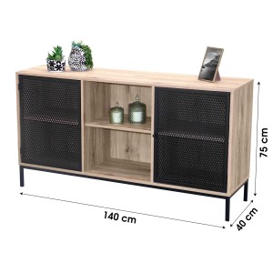 Buffet 2 portes avec grillage en métal noir, coloris chêne clair - dimensions 140x40xH75cm