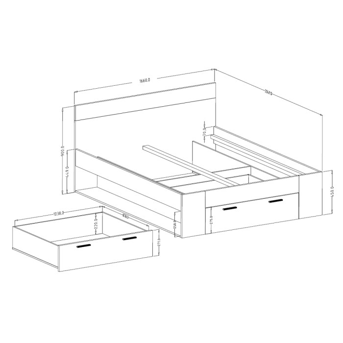 Letto matrimoniale 160x200 con cassetti integrati, rete inclusa, collezione EOS, rovere chiaro e nero