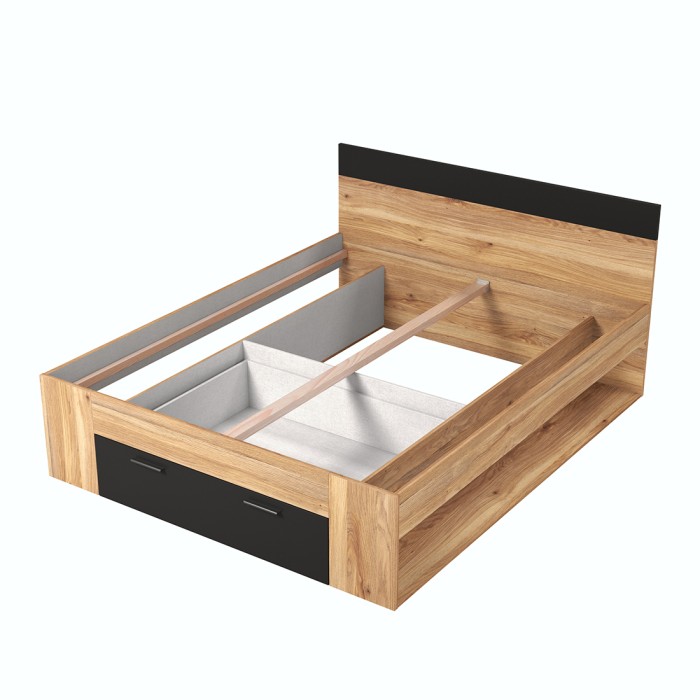 Letto matrimoniale 180x200 con cassetti integrati e doghe. Collezione EOS. Colori rovere chiaro e nero.