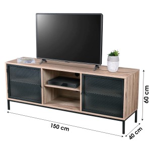 Meuble TV en bois avec grillage en métal noir avec deux niches - dimensions 150x40xH60cm