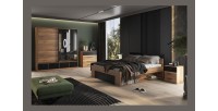 Chambre à coucher design collection EOS : Armoire, Lit 180x200, commode, chevets. Couleur chêne clair et noir