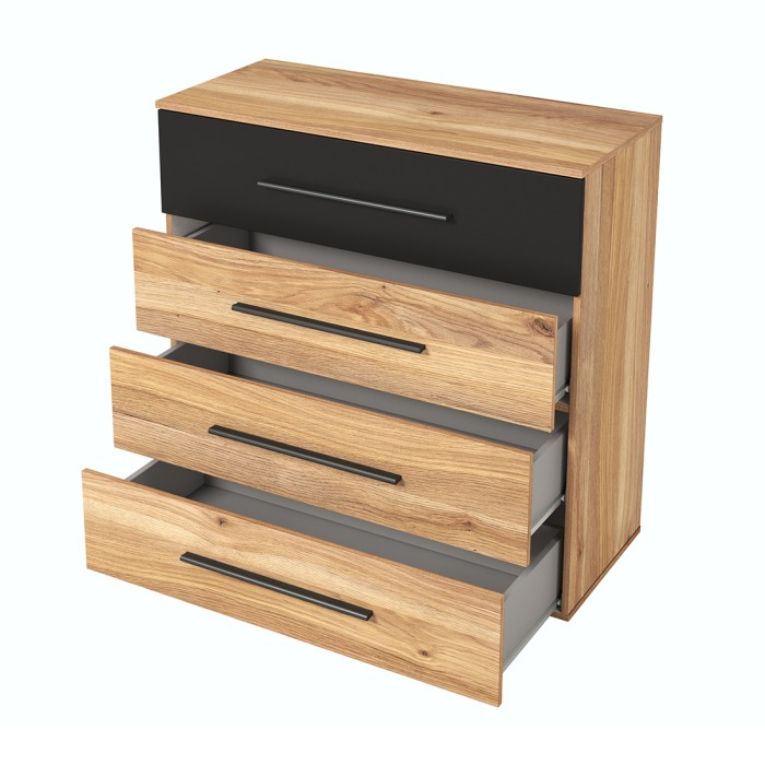 Chambre à coucher design collection EOS : Armoire, Lit 180x200, commode, chevets. Couleur chêne clair et noir