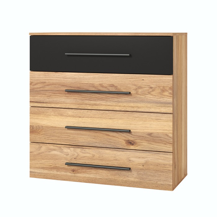 Chambre à coucher design collection EOS : Armoire, Lit 180x200, commode, chevets. Couleur chêne clair et noir