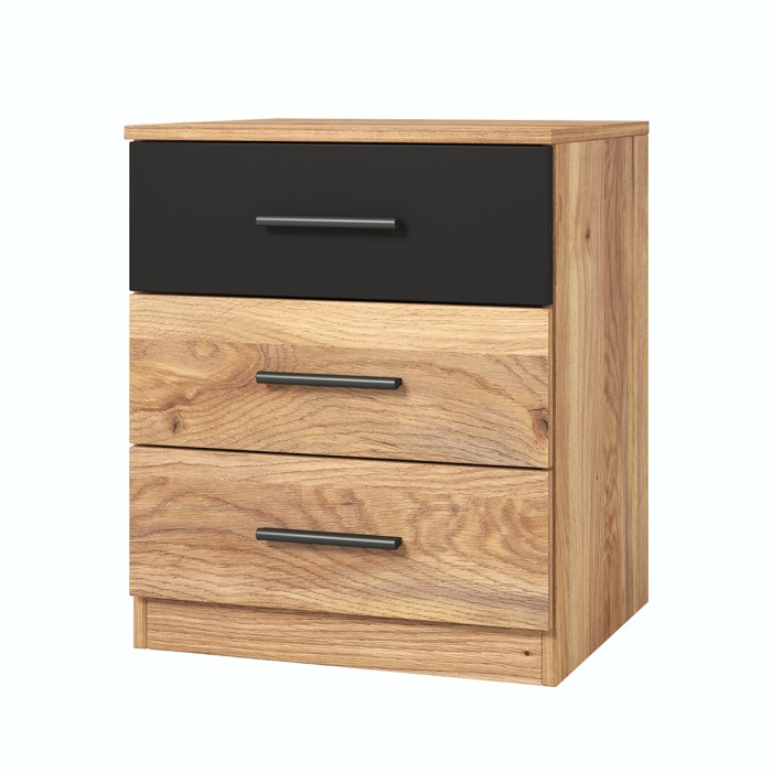 Chambre à coucher design collection EOS : Armoire, Lit 180x200, commode, chevets. Couleur chêne clair et noir