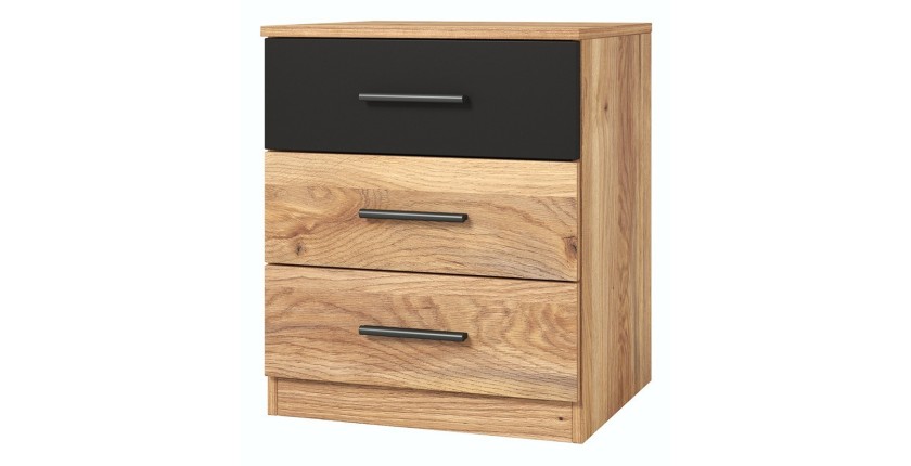 Chambre à coucher design collection EOS : Armoire, Lit 180x200, commode, chevets. Couleur chêne clair et noir