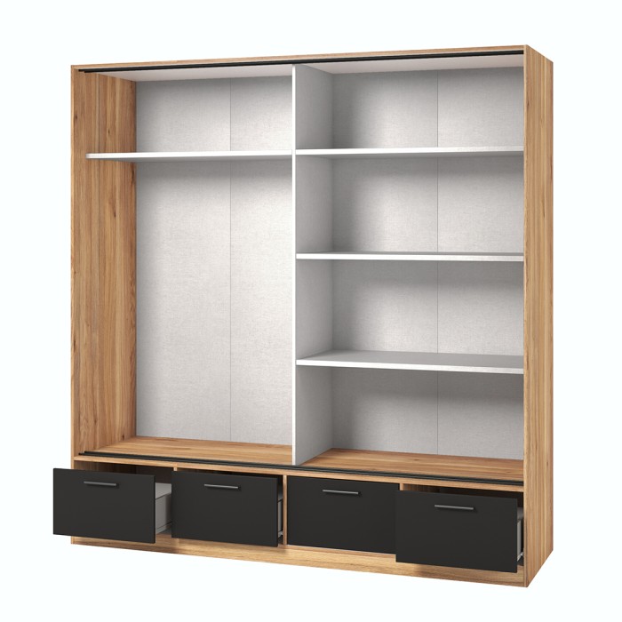 Chambre à coucher design collection EOS : Armoire, Lit 180x200, commode, chevets. Couleur chêne clair et noir