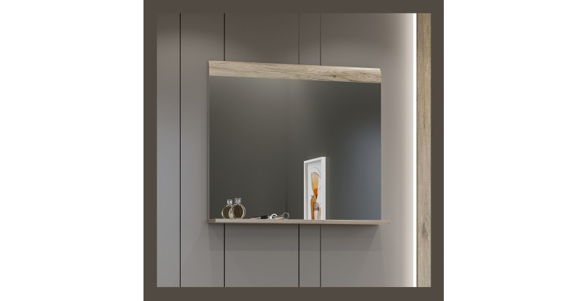Grand miroir design collection OHIO coloris chêne clair avec étagère intégrée.