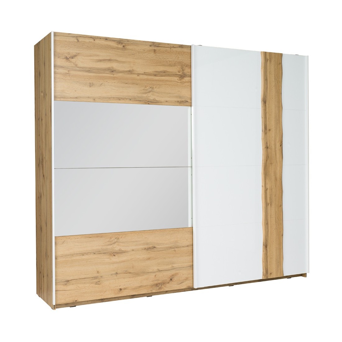 Armoire Wood 2 portes coulissantes avec miroir, coloris chêne et blanc
