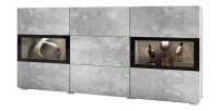 Buffet RAMOS – Gris effet béton et noir – LED multicolores incluses – 2 portes vitrées + 3 tiroirs