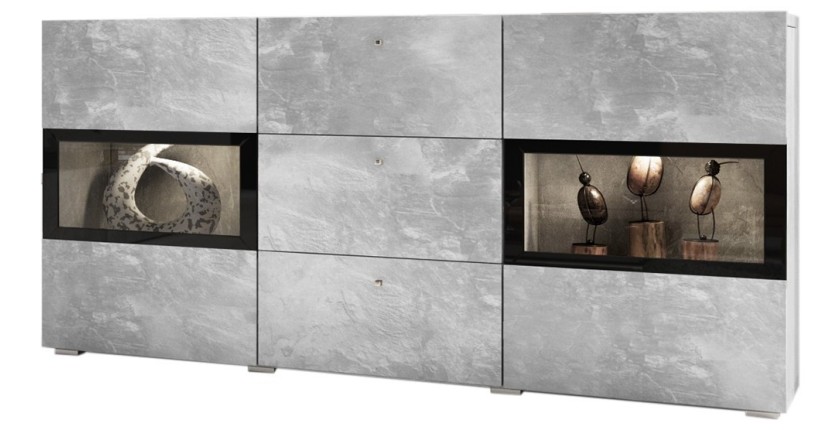 Buffet RAMOS – Gris effet béton et noir – LED multicolores incluses – 2 portes vitrées + 3 tiroirs