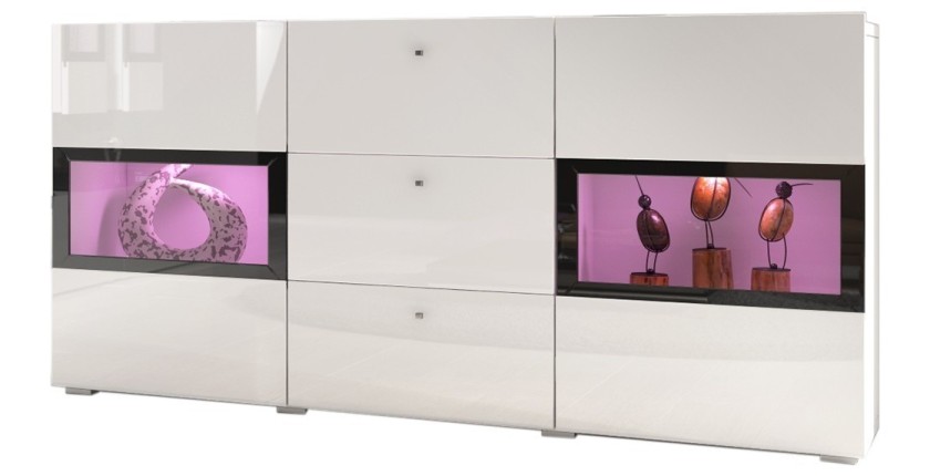 Buffet RAMOS – Coloris blanc brillant et noir – LED multicolores intégrées - 2 portes vitrées + 3 tiroirs
