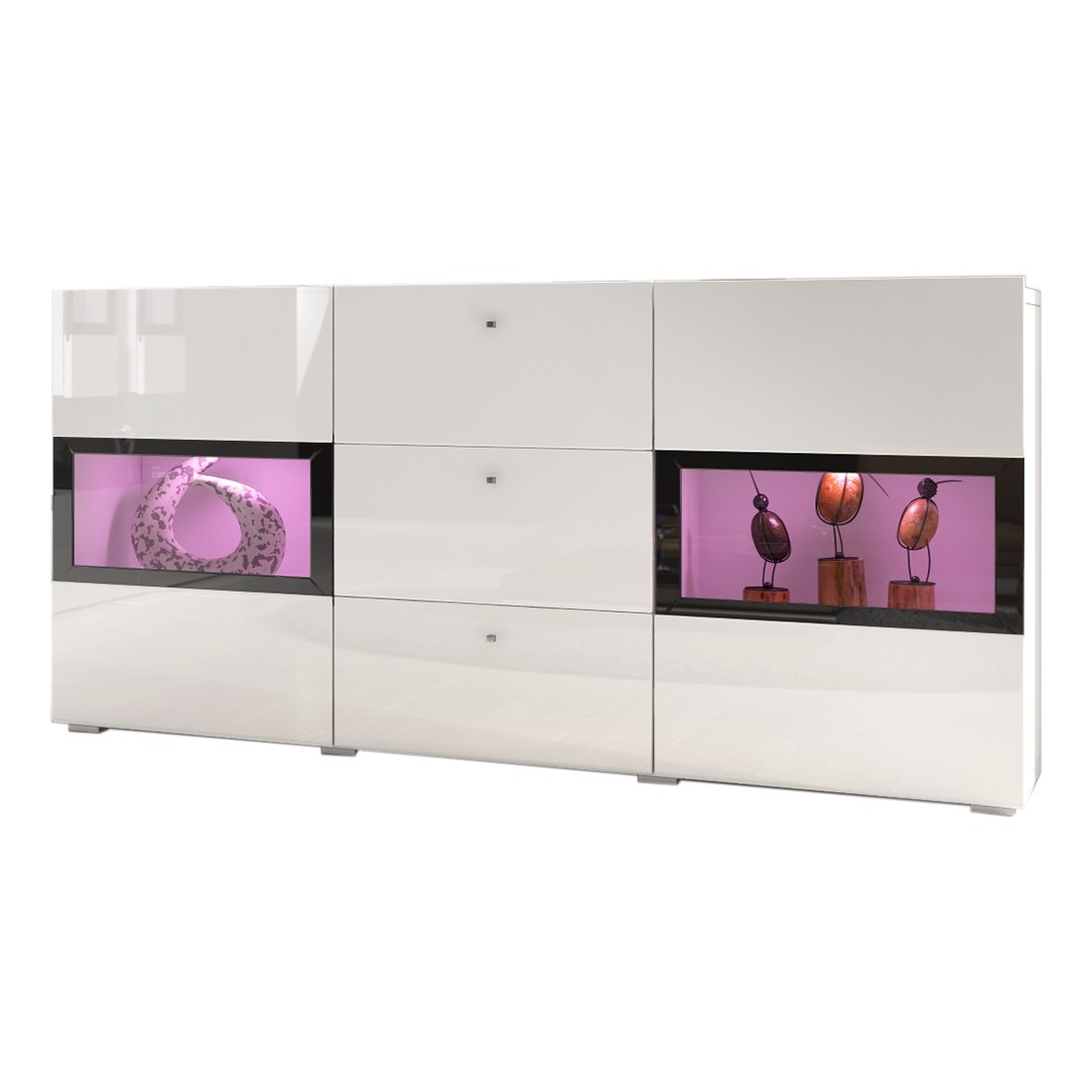 Buffet RAMOS – Farbe glänzend weiß und schwarz – Integrierte mehrfarbige LEDs - 2 Glastüren + 3 Schubladen