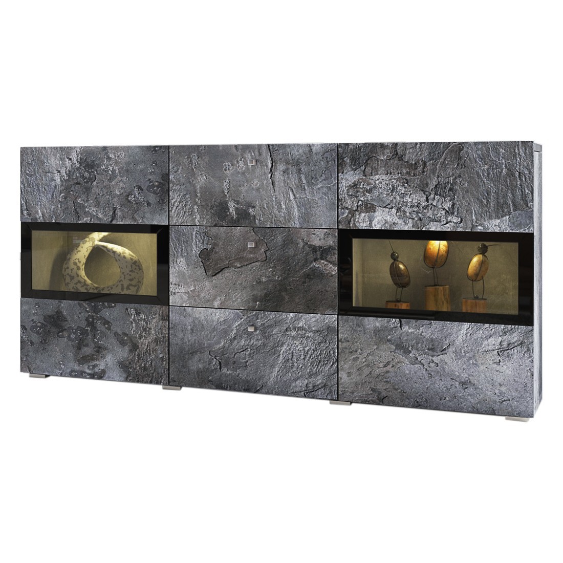Buffet 130 cm RAMOS – Gris effet ardoise et noir – 2 portes vitrées + 3 tiroirs – Sans LED
