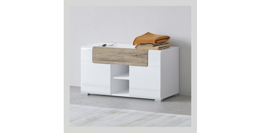 Design-Aufbewahrungsbank aus der Kollektion OHIO in Weiß und Eiche. 2 Türen und 1 Schublade.