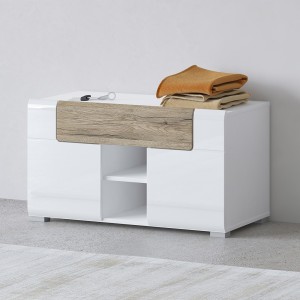Design-Aufbewahrungsbank aus der Kollektion OHIO in Weiß und Eiche. 2 Türen und 1 Schublade.