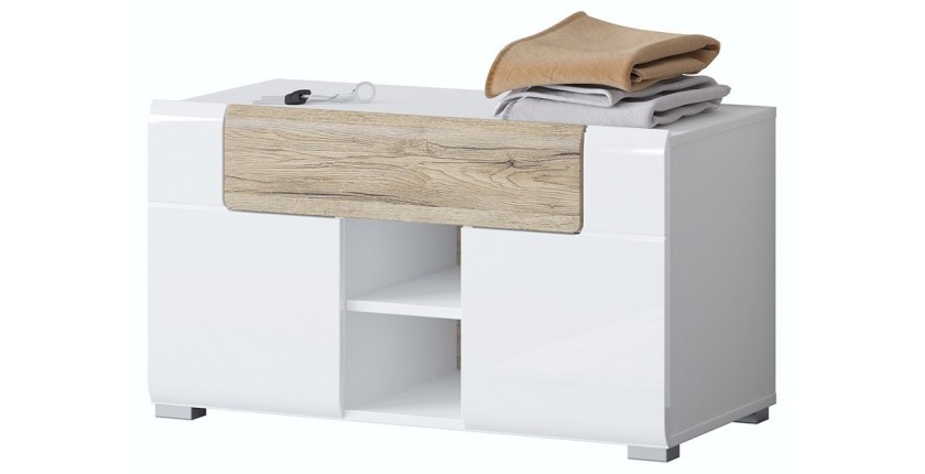 Design-Aufbewahrungsbank aus der Kollektion OHIO in Weiß und Eiche. 2 Türen und 1 Schublade.