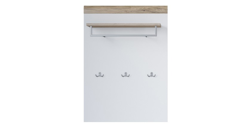 Panneau mural porte manteau avec étagère coloris blanc et chêne pour l'entrée de votre maison. Collection OHIO
