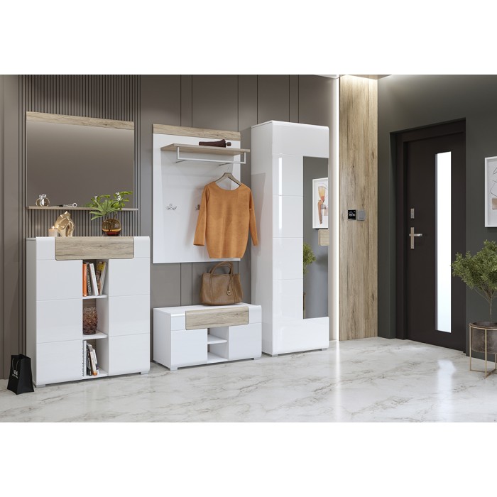 Möbelstück für den Eingangsbereich, Designkollektion OHIO in Weiß und Eichenfarbe.