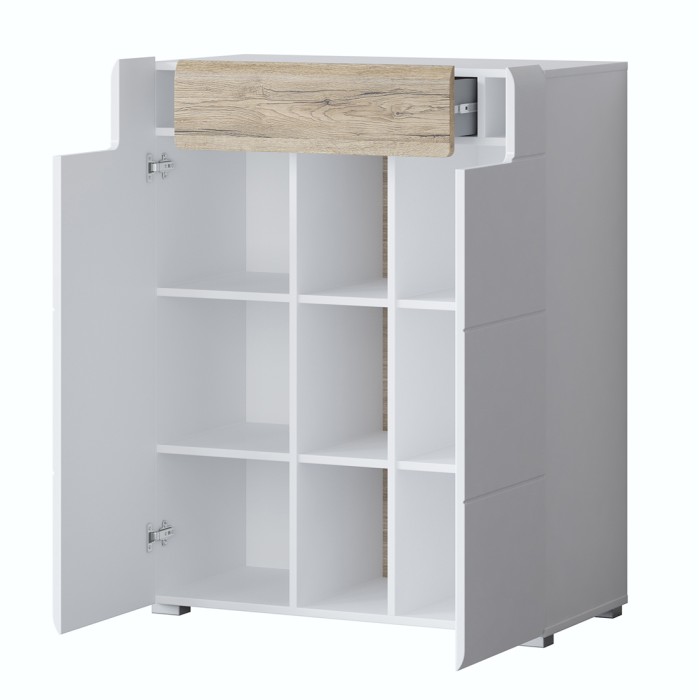 Set design di 5 mobili da ingresso collezione OHIO colori bianco e rovere.
