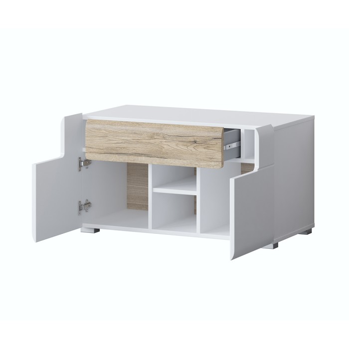 Set design di 5 mobili da ingresso collezione OHIO colori bianco e rovere.