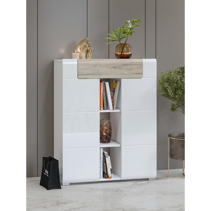 Set design di 5 mobili da ingresso collezione OHIO colori bianco e rovere.