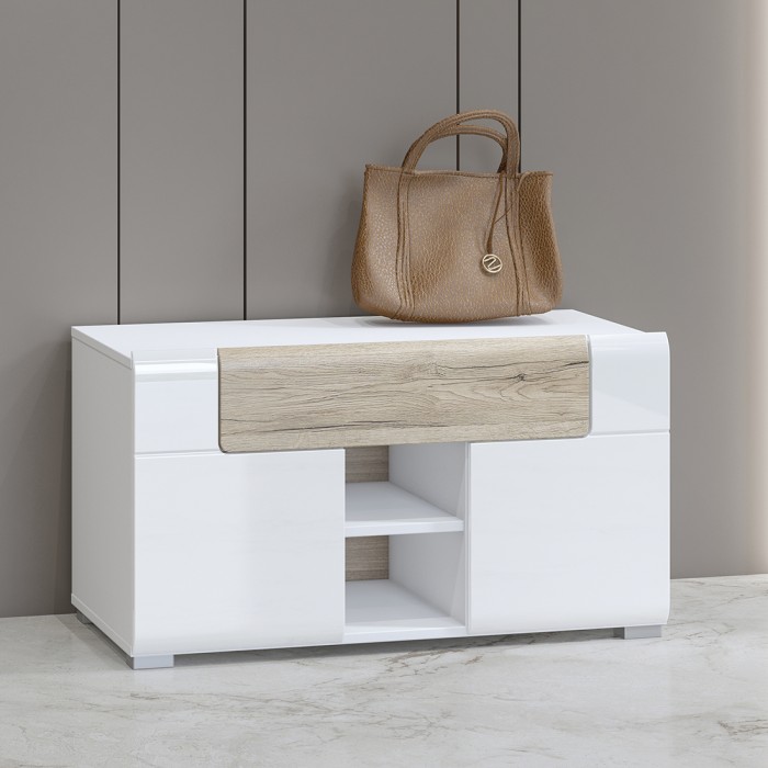 Set design di 5 mobili da ingresso collezione OHIO colori bianco e rovere.