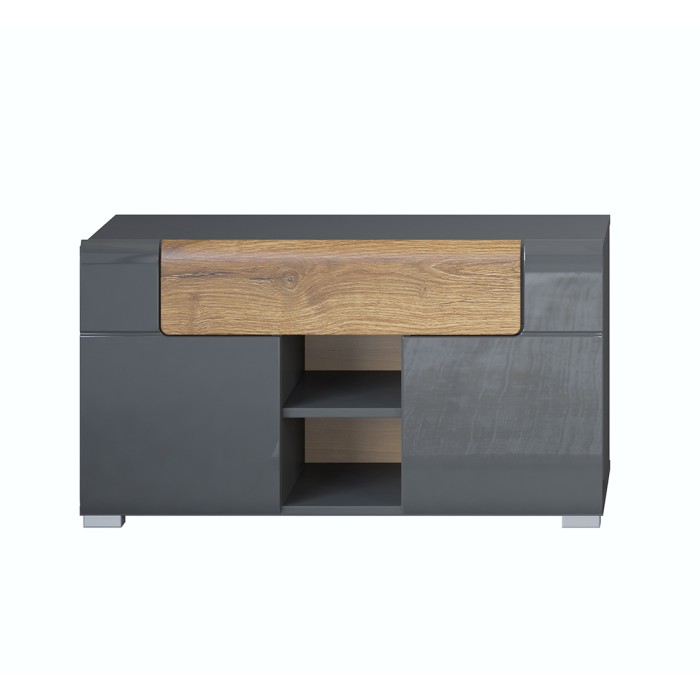 Design-Aufbewahrungsbank aus der Kollektion OHIO in Anthrazitgrau und lackierter Eiche. 2 Türen und 1 Schublade