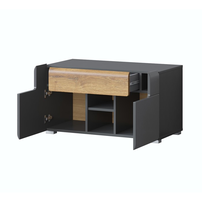 Design-Aufbewahrungsbank aus der Kollektion OHIO in Anthrazitgrau und lackierter Eiche. 2 Türen und 1 Schublade
