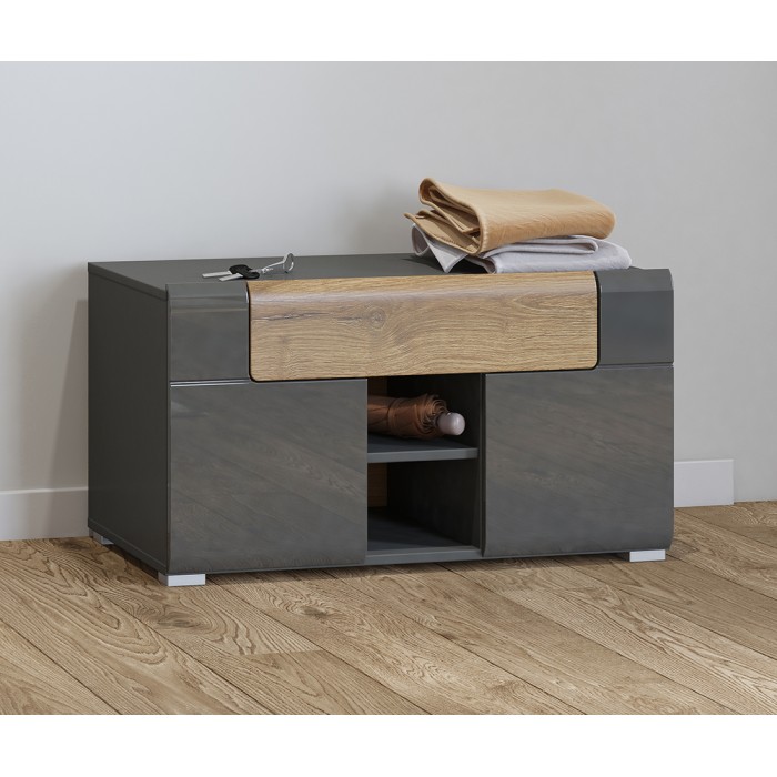 Design-Aufbewahrungsbank aus der Kollektion OHIO in Anthrazitgrau und lackierter Eiche. 2 Türen und 1 Schublade