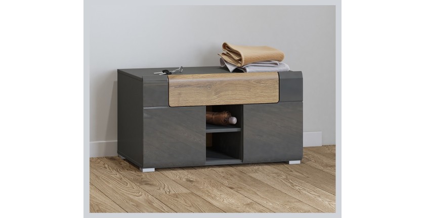 Banc de rangement design collection OHIO coloris gris anthracite et chêne vernis. 2 portes et 1 tiroir
