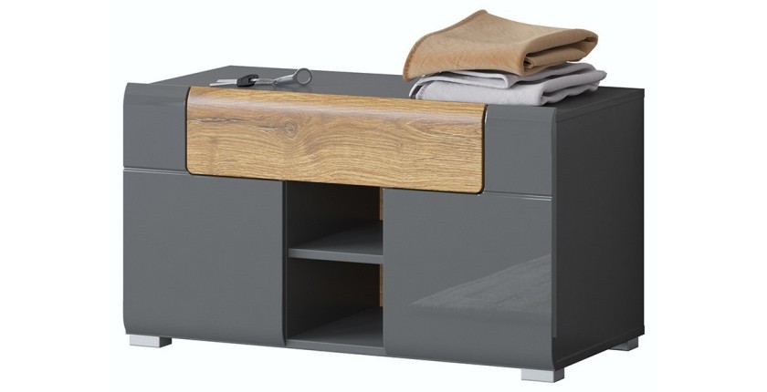 Banco de almacenamiento de diseño colección OHIO en color gris antracita y roble barnizado. 2 puertas y 1 cajón.