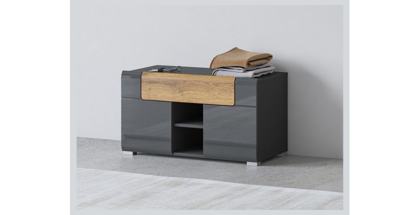 Banc de rangement design collection OHIO coloris gris anthracite et chêne vernis. 2 portes et 1 tiroir
