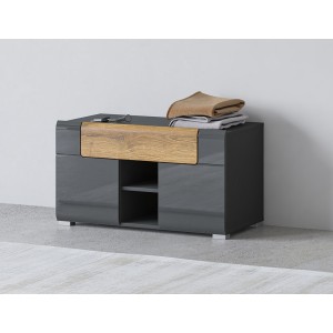 Design-Sitzbank der Kollektion OHIO in Anthrazitgrau und lackierter Eiche. 2 Türen und 1 Schublade.
