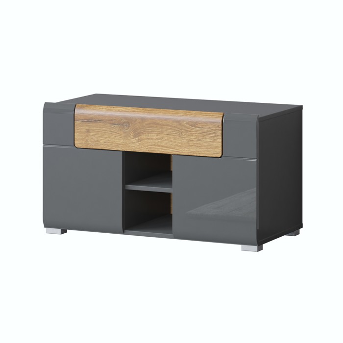Design-Aufbewahrungsbank aus der Kollektion OHIO in Anthrazitgrau und lackierter Eiche. 2 Türen und 1 Schublade
