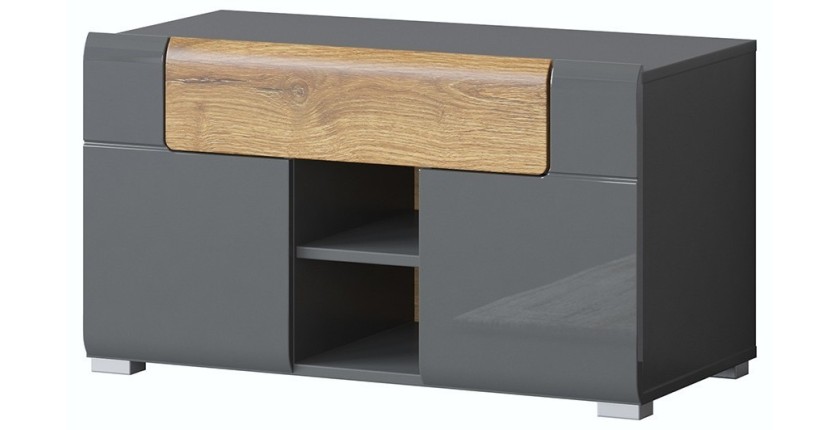 Banc de rangement design collection OHIO coloris gris anthracite et chêne vernis. 2 portes et 1 tiroir