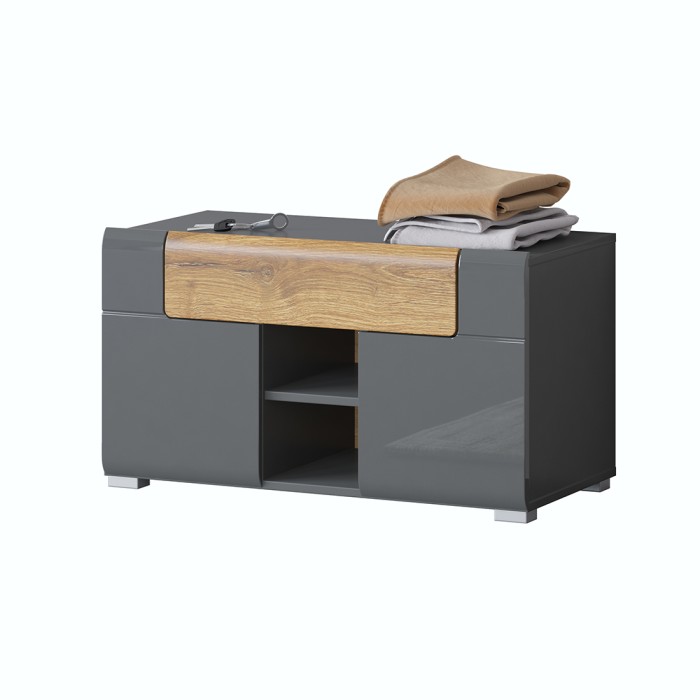 Design-Set aus 5 Möbelstücken für den Eingangsbereich, Kollektion OHIO, in Anthrazitgrau und lackierter Eiche.