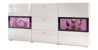 Buffet RAMOS – 2 portes vitrées + 3 tiroirs – Coloris blanc brillant et noir – LED non incluse