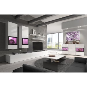 Buffet RAMOS – 2 portes vitrées + 3 tiroirs – Coloris blanc brillant et noir – LED non incluse