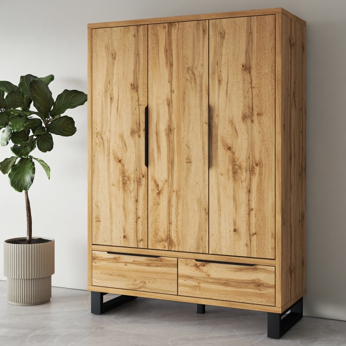 Schrank im skandinavischen Holzstil 150cm mit 3 Türen und 2 Schubladen in roher Eichenfarbe. Kollektion MILOS